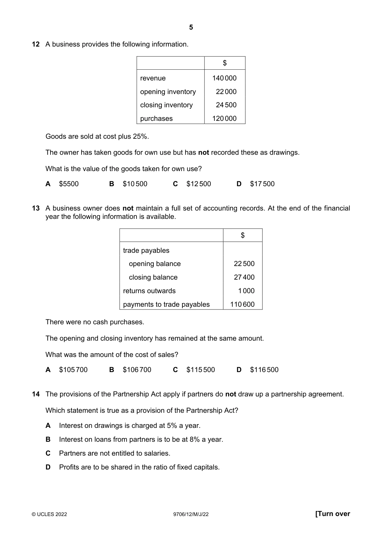 Cambridge A Level Accounting 9706 2022 May/June Paper 1 · Variant 2 question paper, page 5 of 12