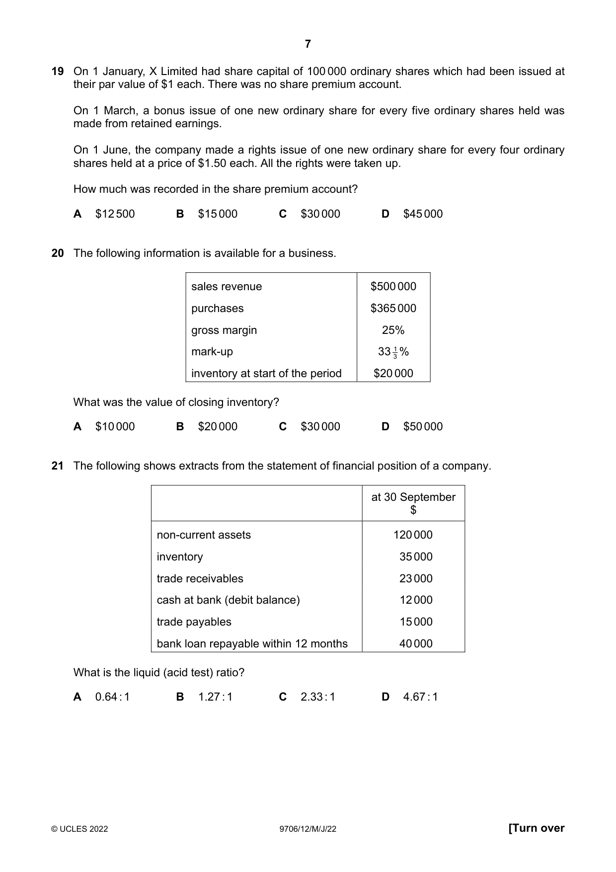 Cambridge A Level Accounting 9706 2022 May/June Paper 1 · Variant 2 question paper, page 7 of 12