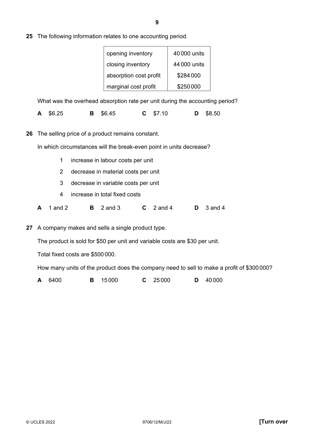 Cambridge A Level Accounting 9706 2022 May/June Paper 1 · Variant 2 question paper, page 9 of 12