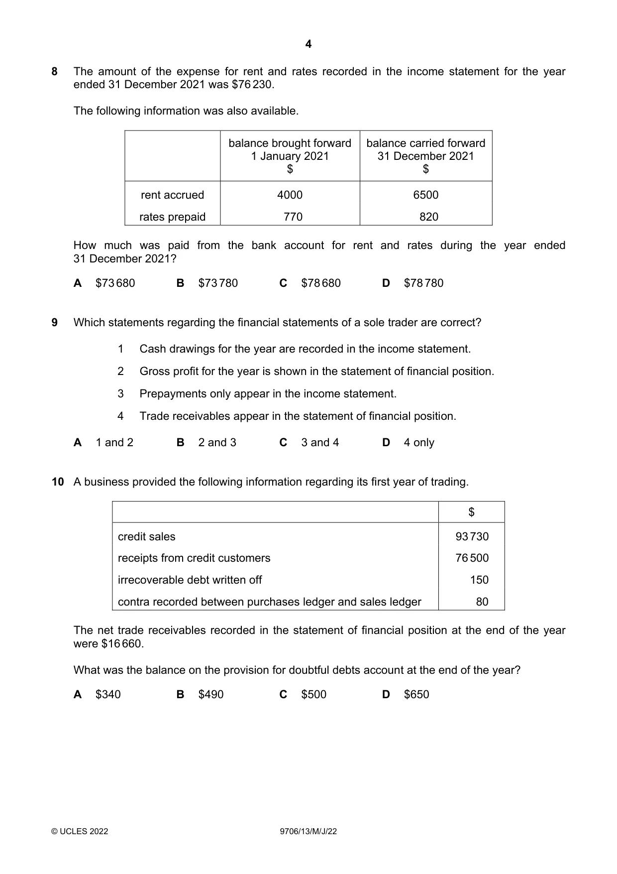 Cambridge A Level Accounting 9706 2022 May/June Paper 1 · Variant 3 question paper, page 4 of 12
