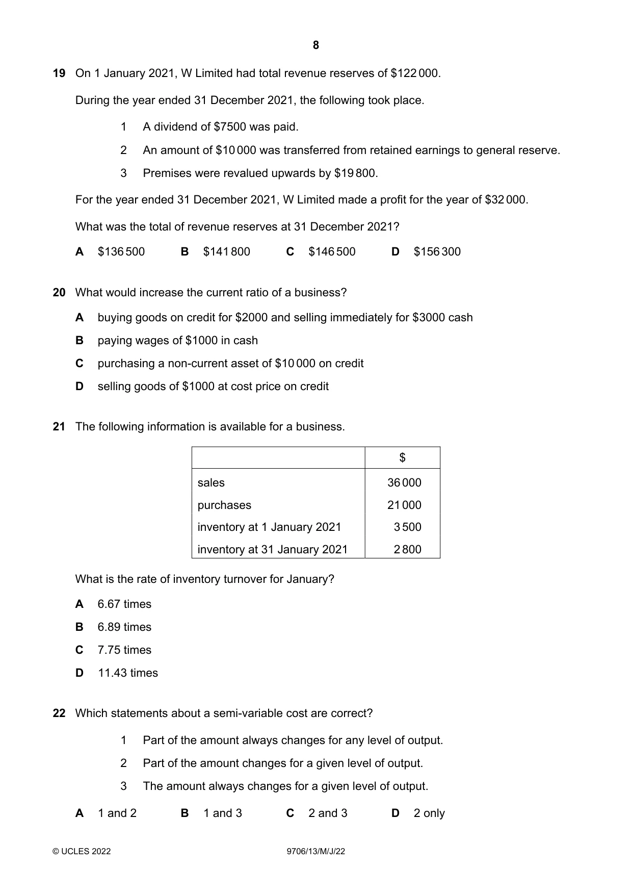 Cambridge A Level Accounting 9706 2022 May/June Paper 1 · Variant 3 question paper, page 8 of 12