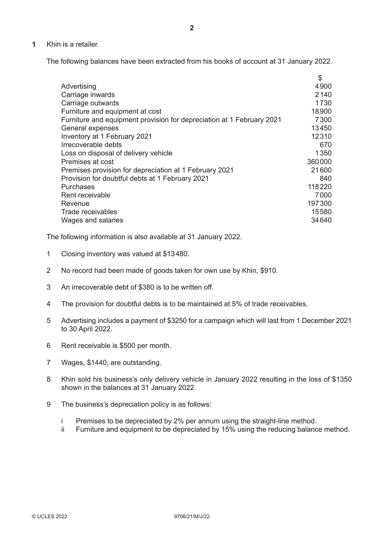 Cambridge A Level Accounting 9706 2022 May/June Paper 2 · Variant 1 question paper, page 2 of 20