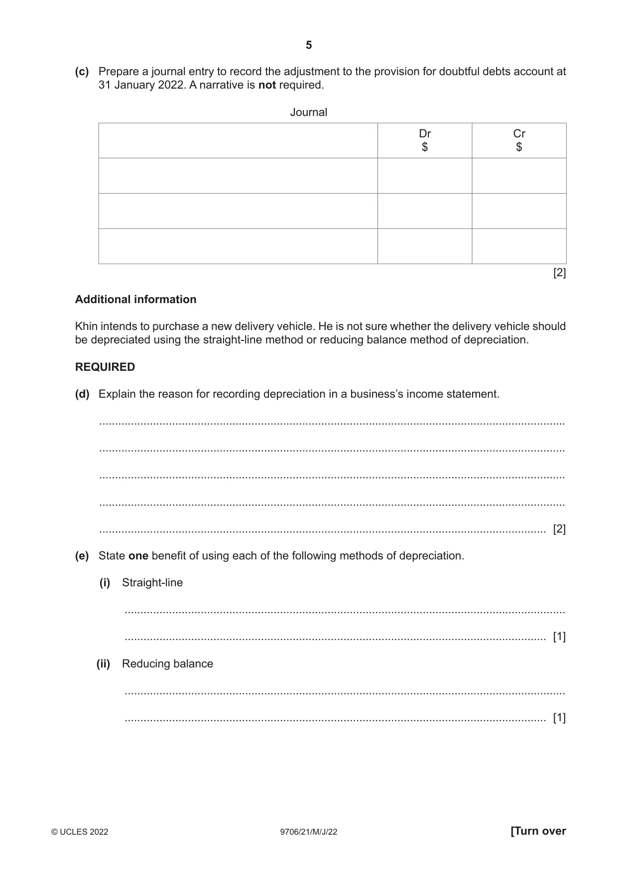 Cambridge A Level Accounting 9706 2022 May/June Paper 2 · Variant 1 question paper, page 5 of 20