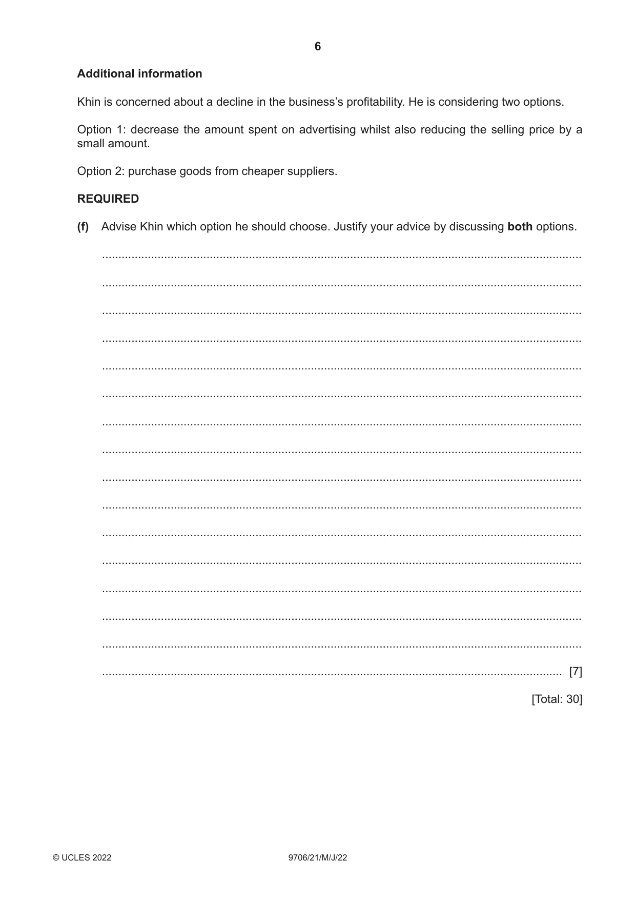 Cambridge A Level Accounting 9706 2022 May/June Paper 2 · Variant 1 question paper, page 6 of 20