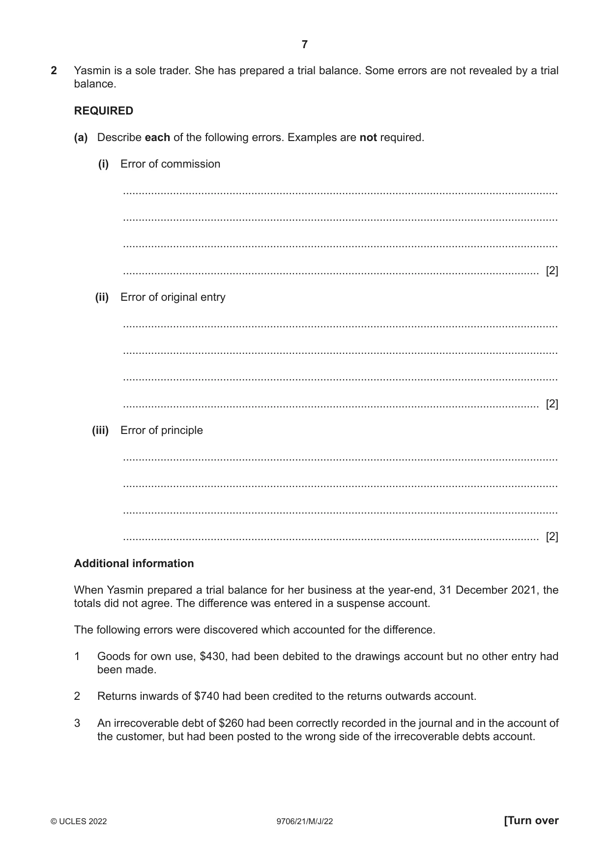 Cambridge A Level Accounting 9706 2022 May/June Paper 2 · Variant 1 question paper, page 7 of 20