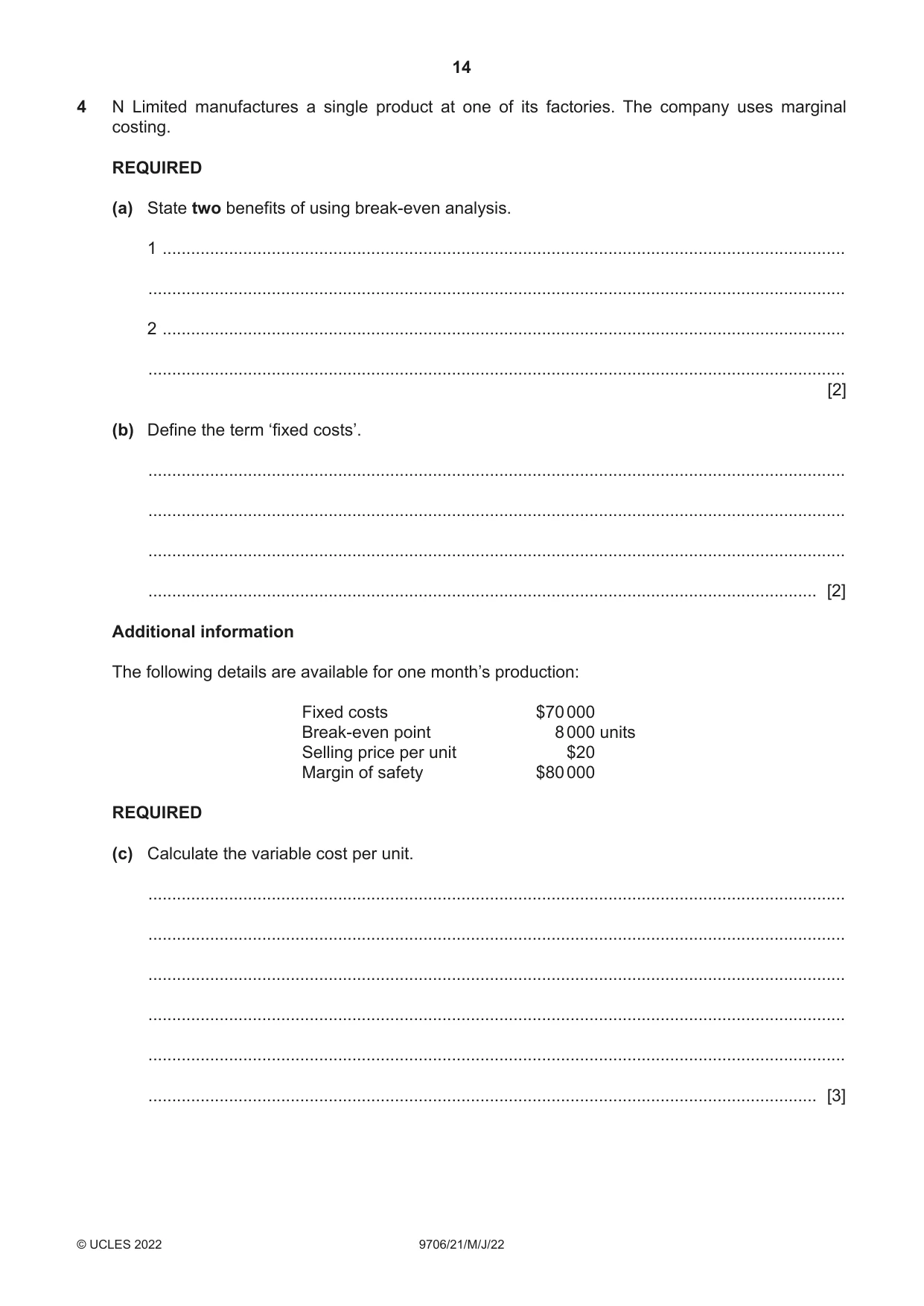 Cambridge A Level Accounting 9706 2022 May/June Paper 2 · Variant 1 question paper, page 14 of 20