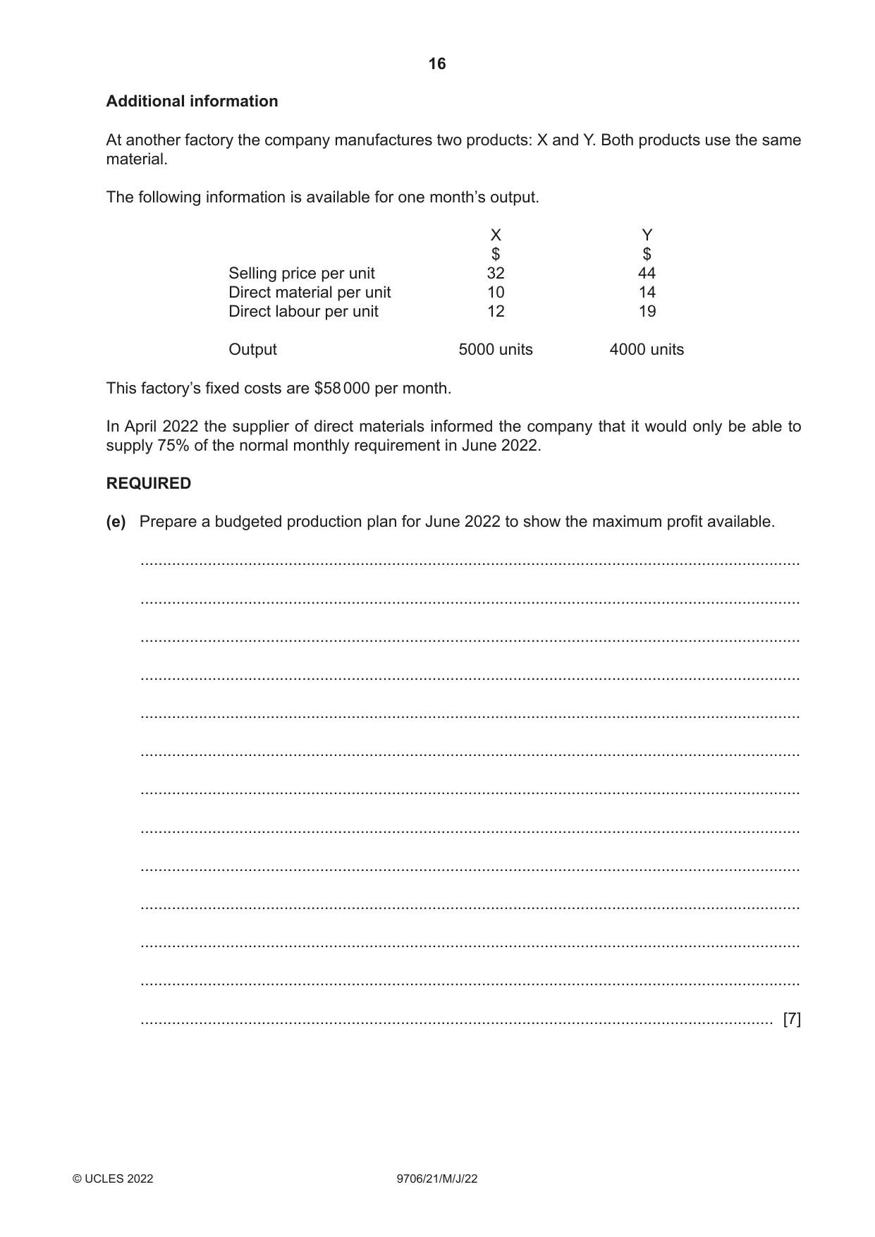 Cambridge A Level Accounting 9706 2022 May/June Paper 2 · Variant 1 question paper, page 16 of 20
