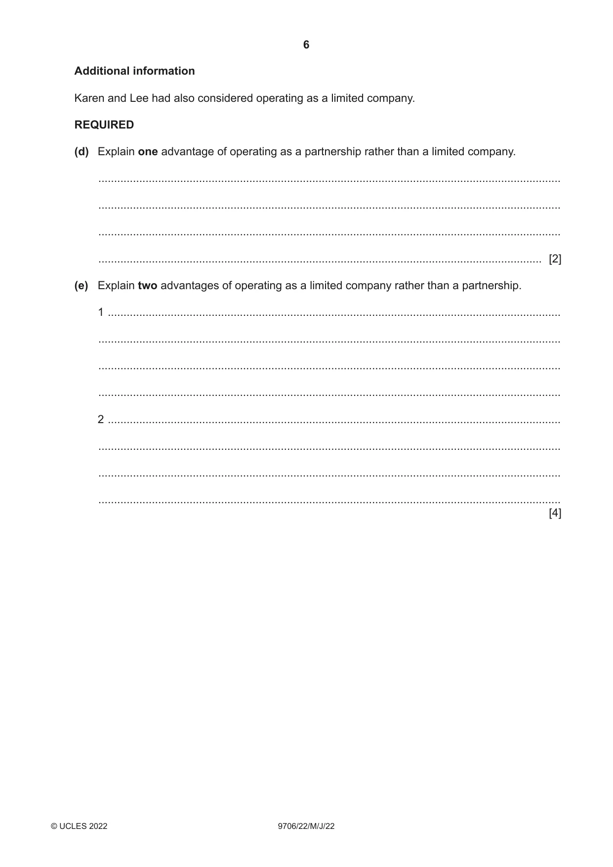 Cambridge A Level Accounting 9706 2022 May/June Paper 2 · Variant 2 question paper, page 6 of 20