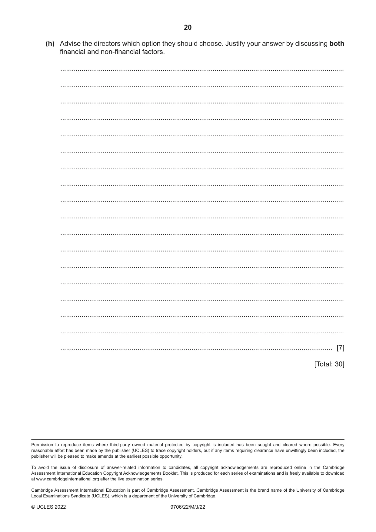 Cambridge A Level Accounting 9706 2022 May/June Paper 2 · Variant 2 question paper, page 20 of 20