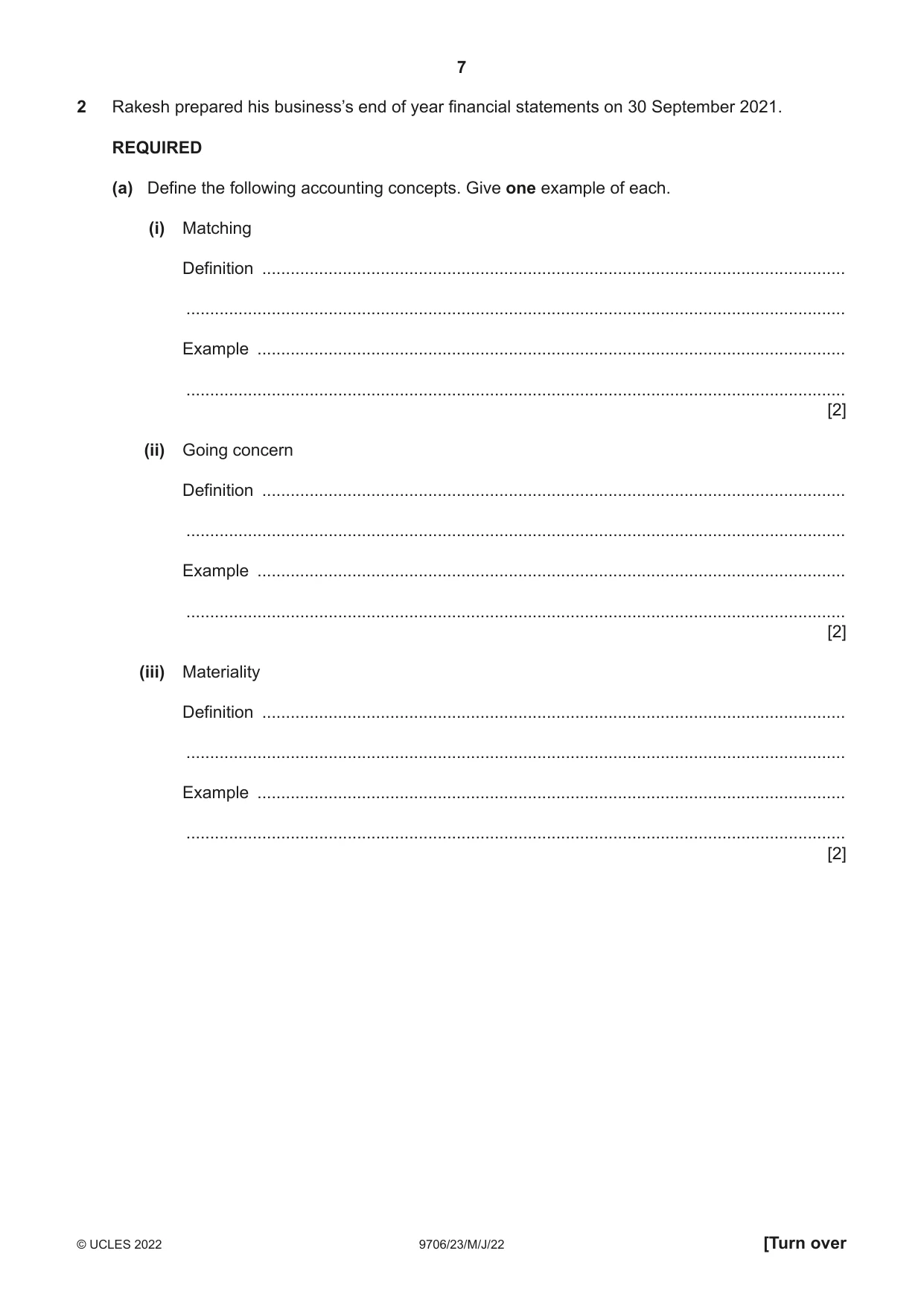 Cambridge A Level Accounting 9706 2022 May/June Paper 2 · Variant 3 question paper, page 7 of 20