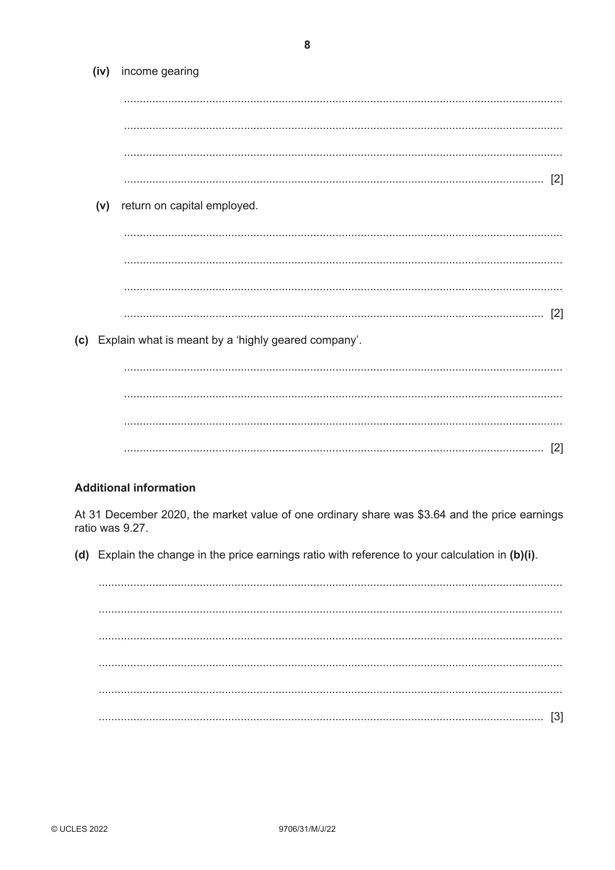 Cambridge A Level Accounting 9706 2022 May/June Paper 3 · Variant 1 question paper, page 8 of 20