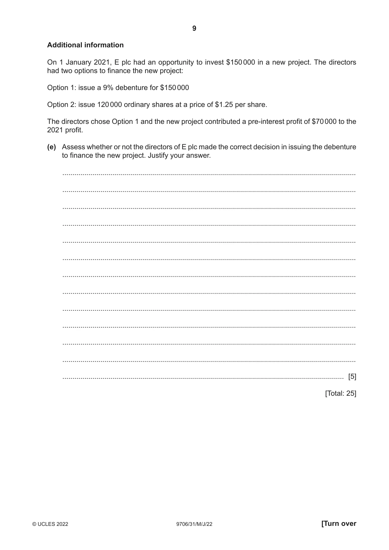Cambridge A Level Accounting 9706 2022 May/June Paper 3 · Variant 1 question paper, page 9 of 20