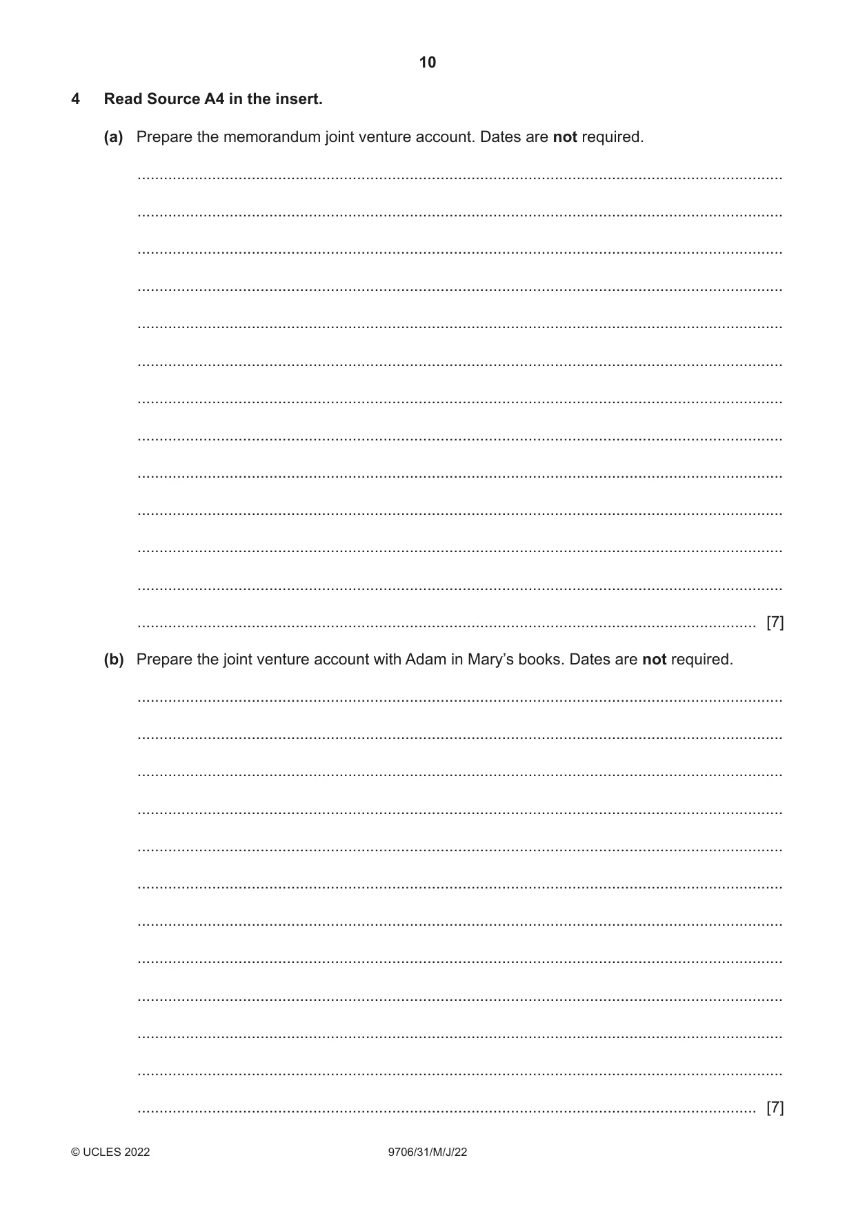 Cambridge A Level Accounting 9706 2022 May/June Paper 3 · Variant 1 question paper, page 10 of 20