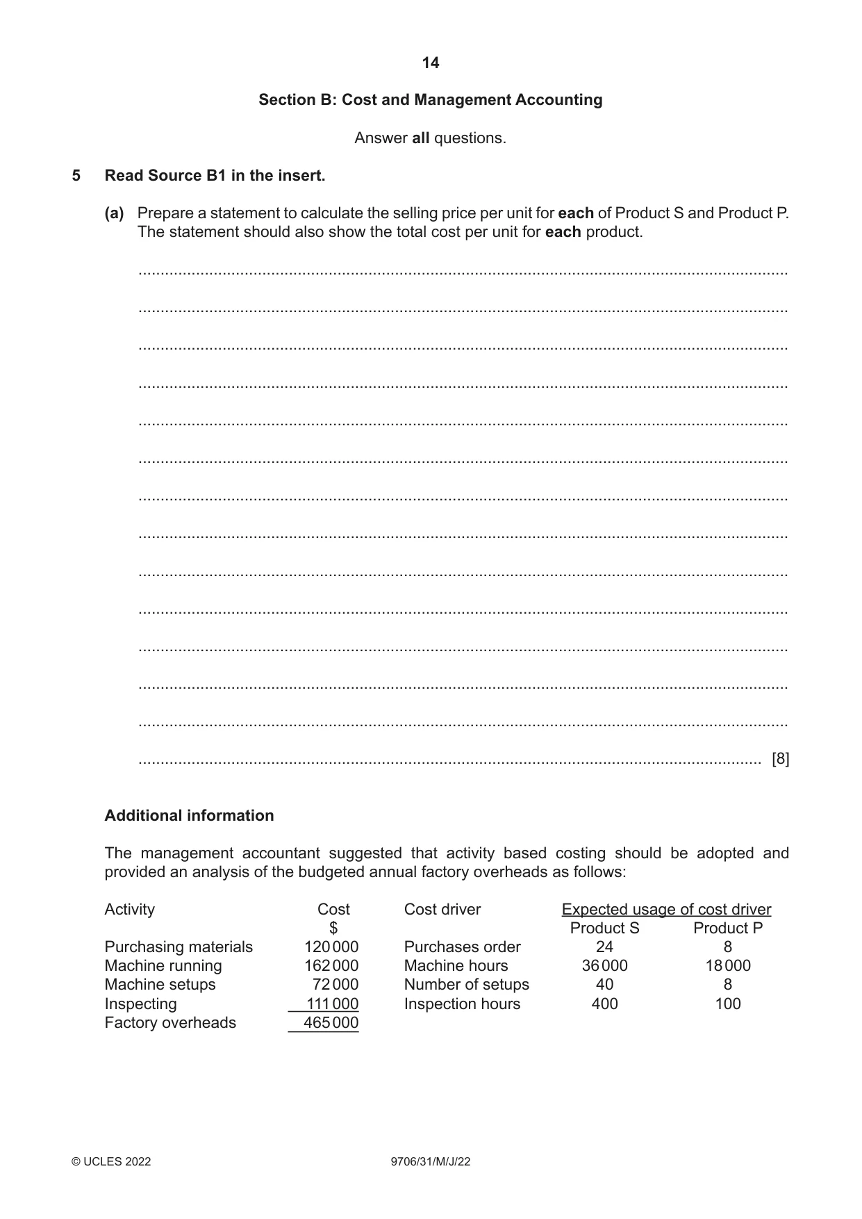 Cambridge A Level Accounting 9706 2022 May/June Paper 3 · Variant 1 question paper, page 14 of 20