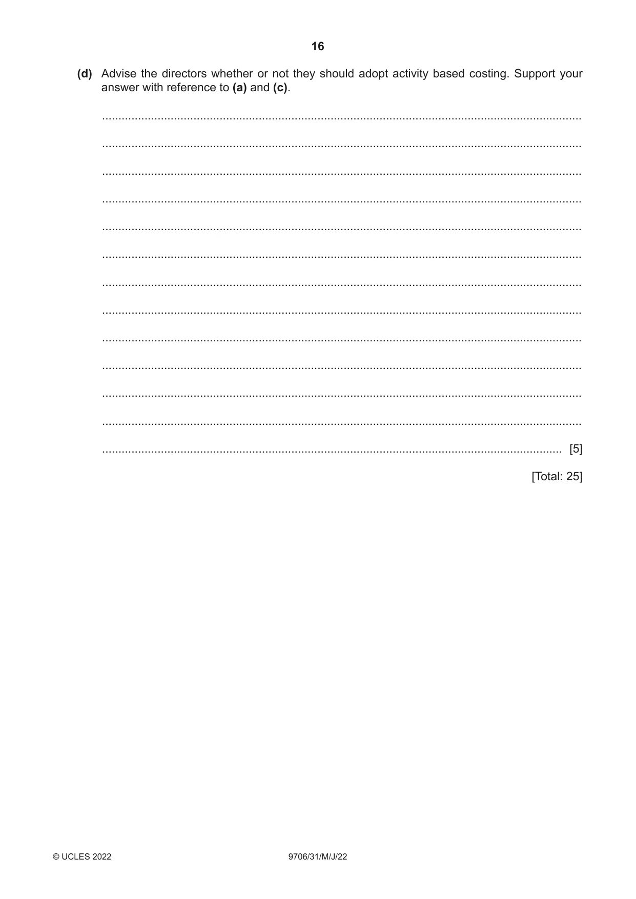 Cambridge A Level Accounting 9706 2022 May/June Paper 3 · Variant 1 question paper, page 16 of 20