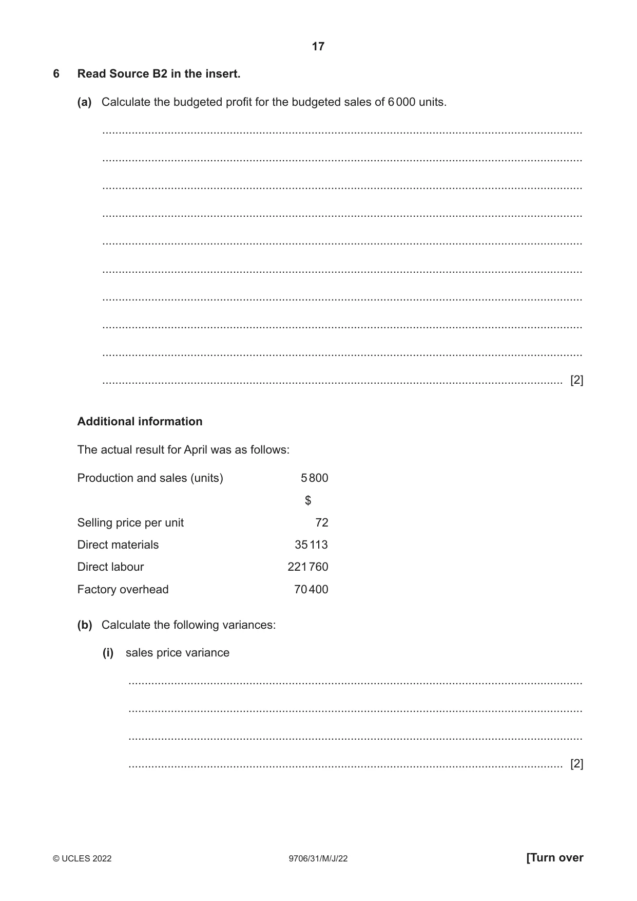 Cambridge A Level Accounting 9706 2022 May/June Paper 3 · Variant 1 question paper, page 17 of 20