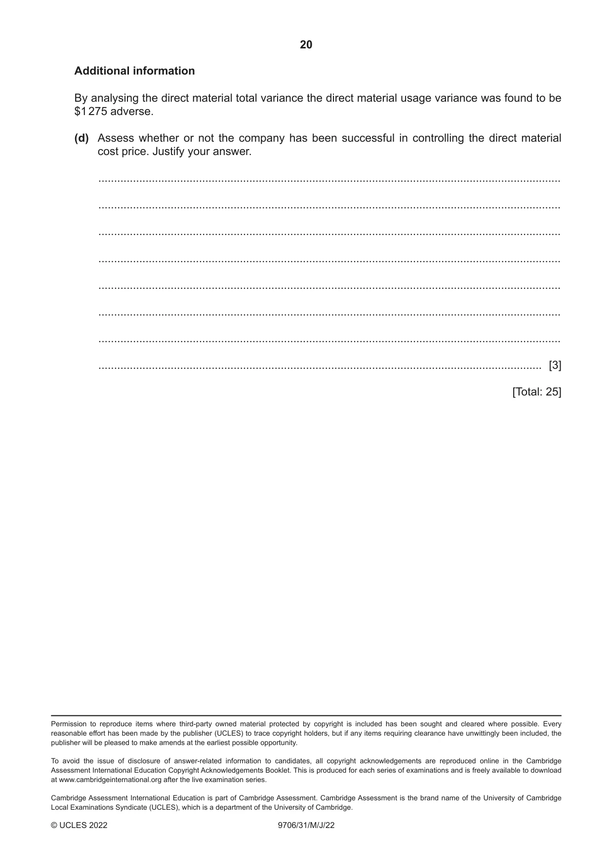 Cambridge A Level Accounting 9706 2022 May/June Paper 3 · Variant 1 question paper, page 20 of 20