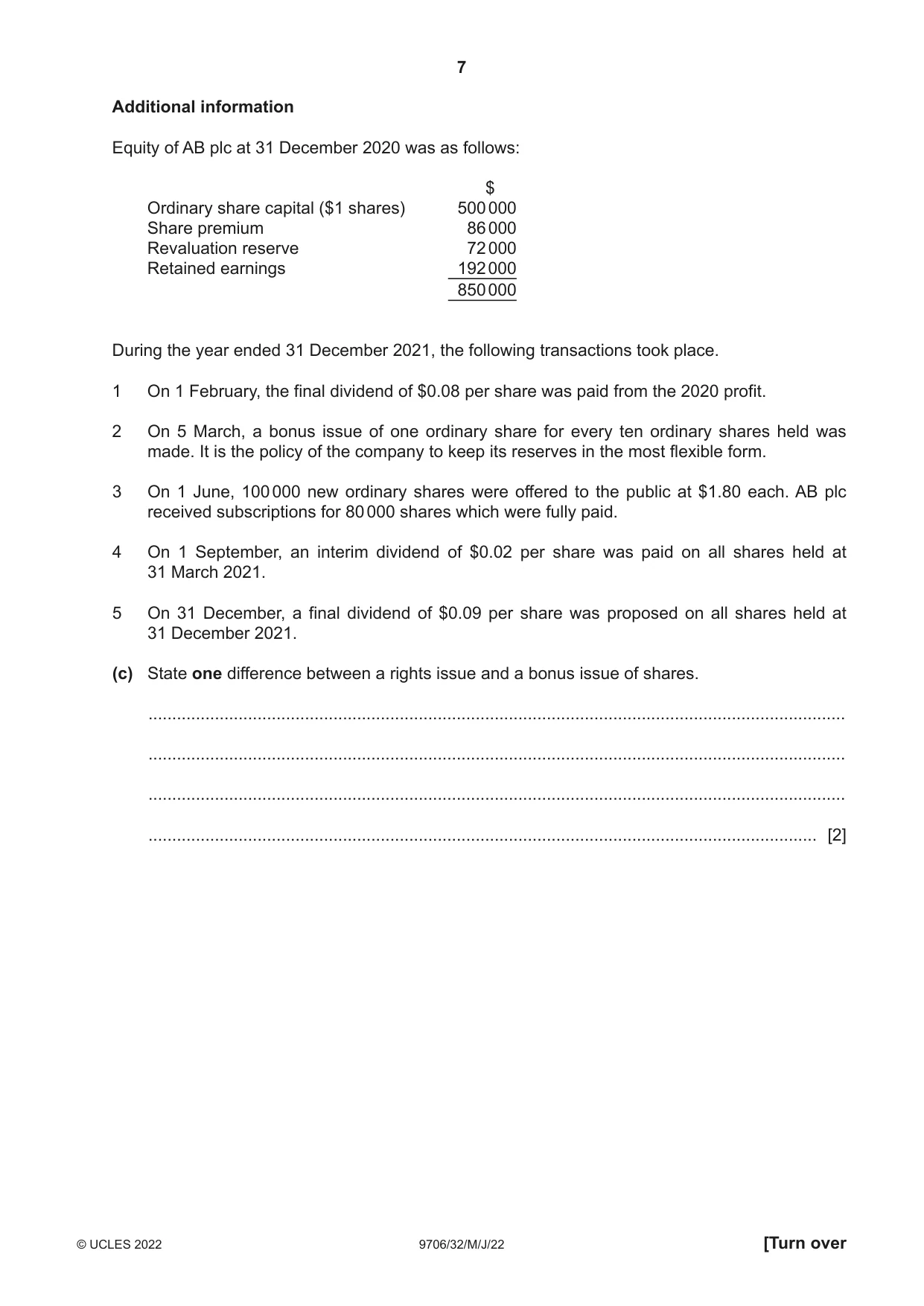 Cambridge A Level Accounting 9706 2022 May/June Paper 3 · Variant 2 question paper, page 7 of 24