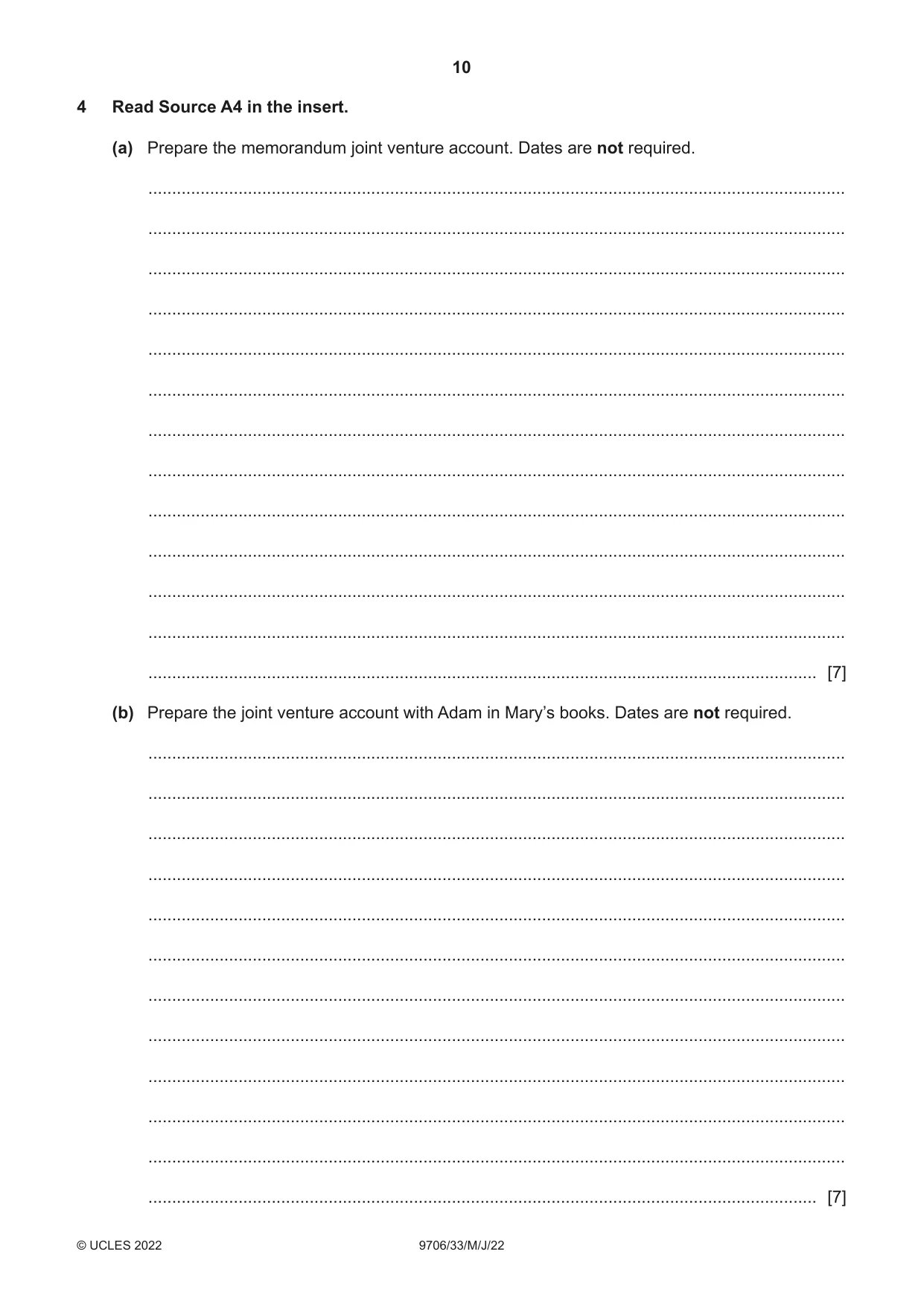 Cambridge A Level Accounting 9706 2022 May/June Paper 3 · Variant 3 question paper, page 10 of 20