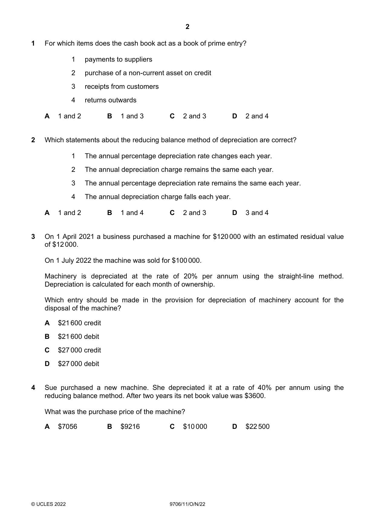Cambridge A Level Accounting 9706 2022 Oct/Nov Paper 1 · Variant 1 question paper, page 2 of 12