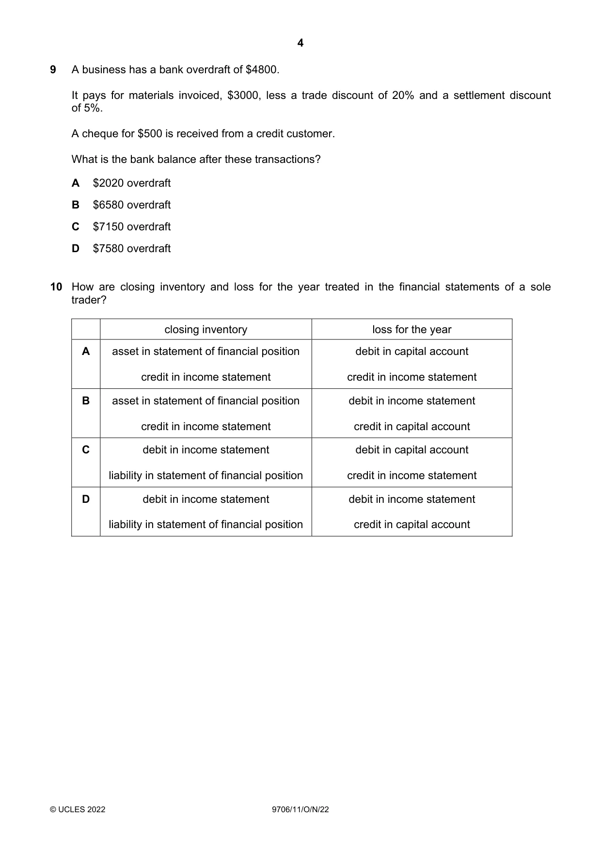 Cambridge A Level Accounting 9706 2022 Oct/Nov Paper 1 · Variant 1 question paper, page 4 of 12