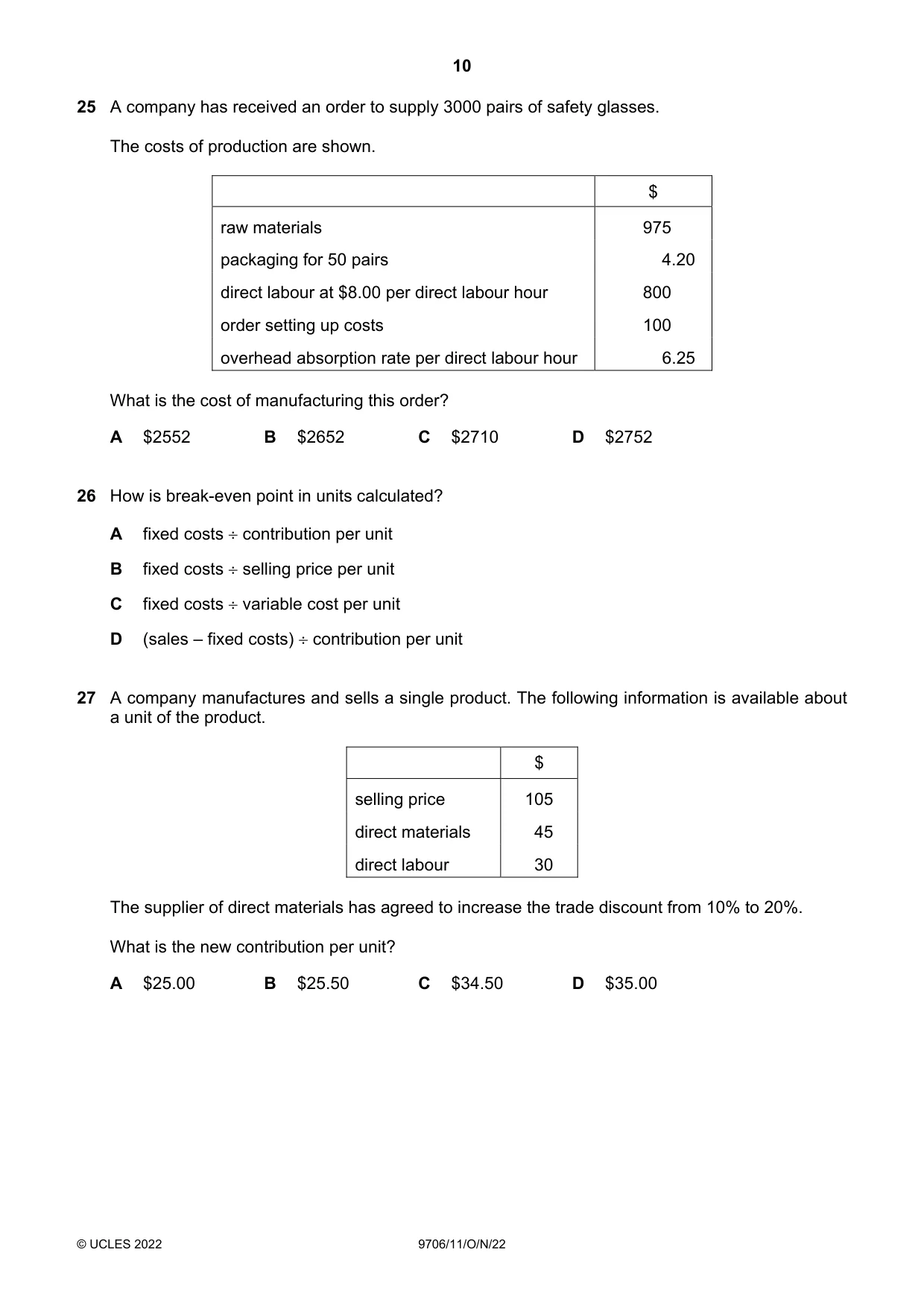 Cambridge A Level Accounting 9706 2022 Oct/Nov Paper 1 · Variant 1 question paper, page 10 of 12