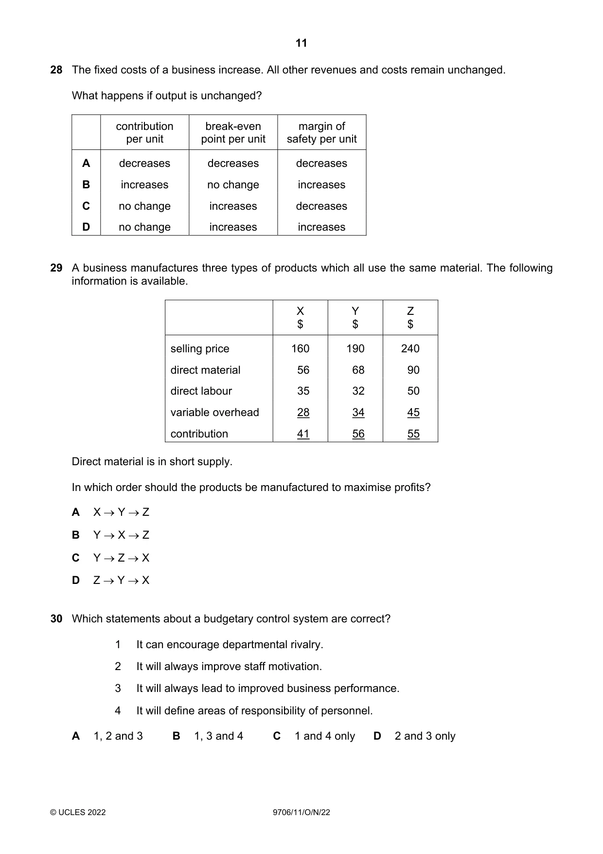 Cambridge A Level Accounting 9706 2022 Oct/Nov Paper 1 · Variant 1 question paper, page 11 of 12