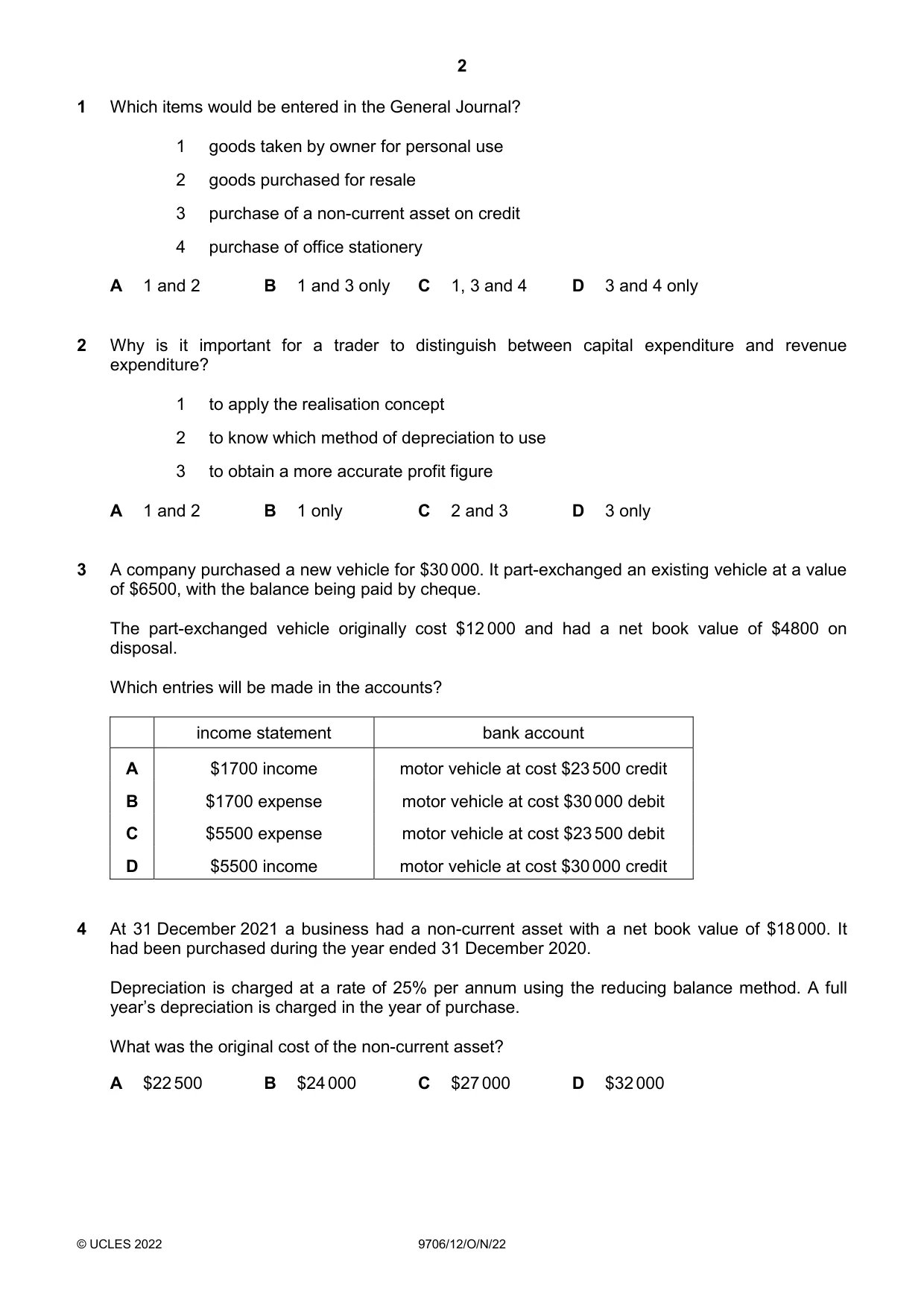 Cambridge A Level Accounting 9706 2022 Oct/Nov Paper 1 · Variant 2 question paper, page 2 of 12