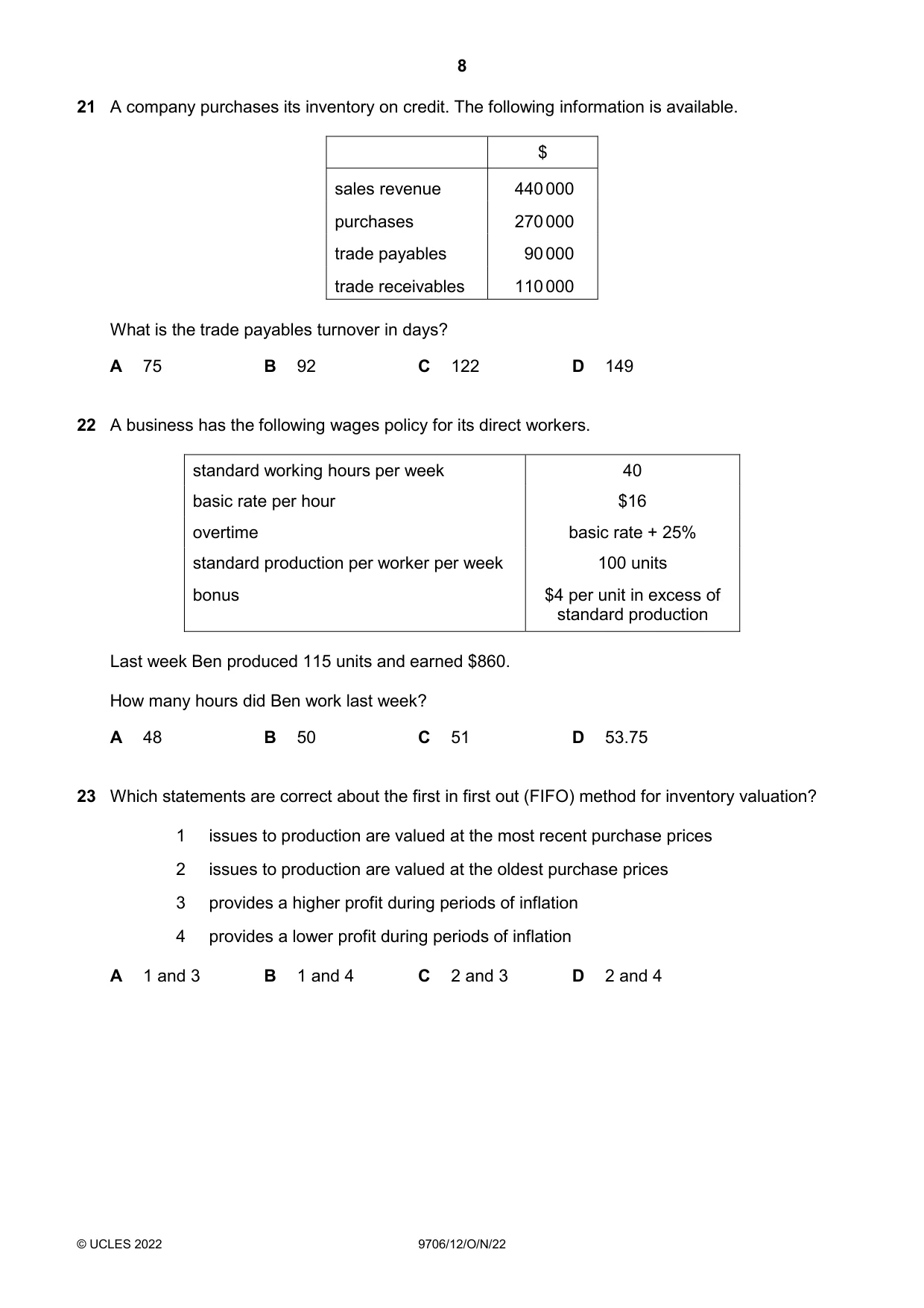 Cambridge A Level Accounting 9706 2022 Oct/Nov Paper 1 · Variant 2 question paper, page 8 of 12
