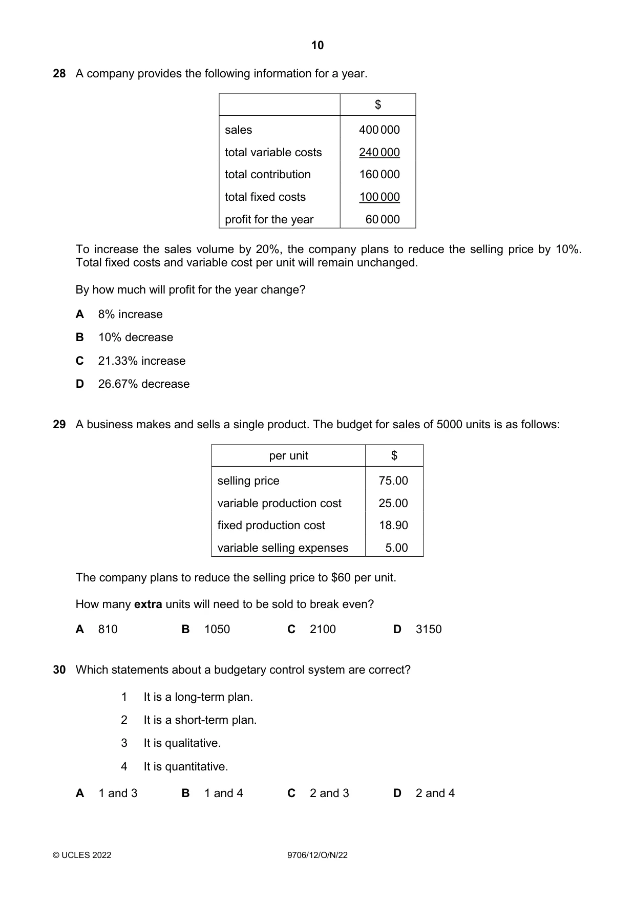 Cambridge A Level Accounting 9706 2022 Oct/Nov Paper 1 · Variant 2 question paper, page 10 of 12