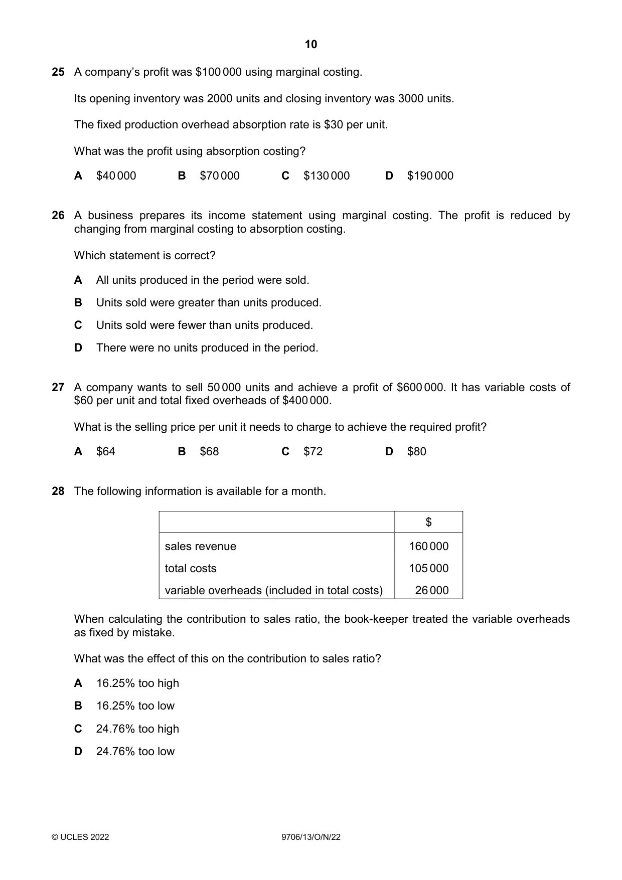 Cambridge A Level Accounting 9706 2022 Oct/Nov Paper 1 · Variant 3 question paper, page 10 of 12