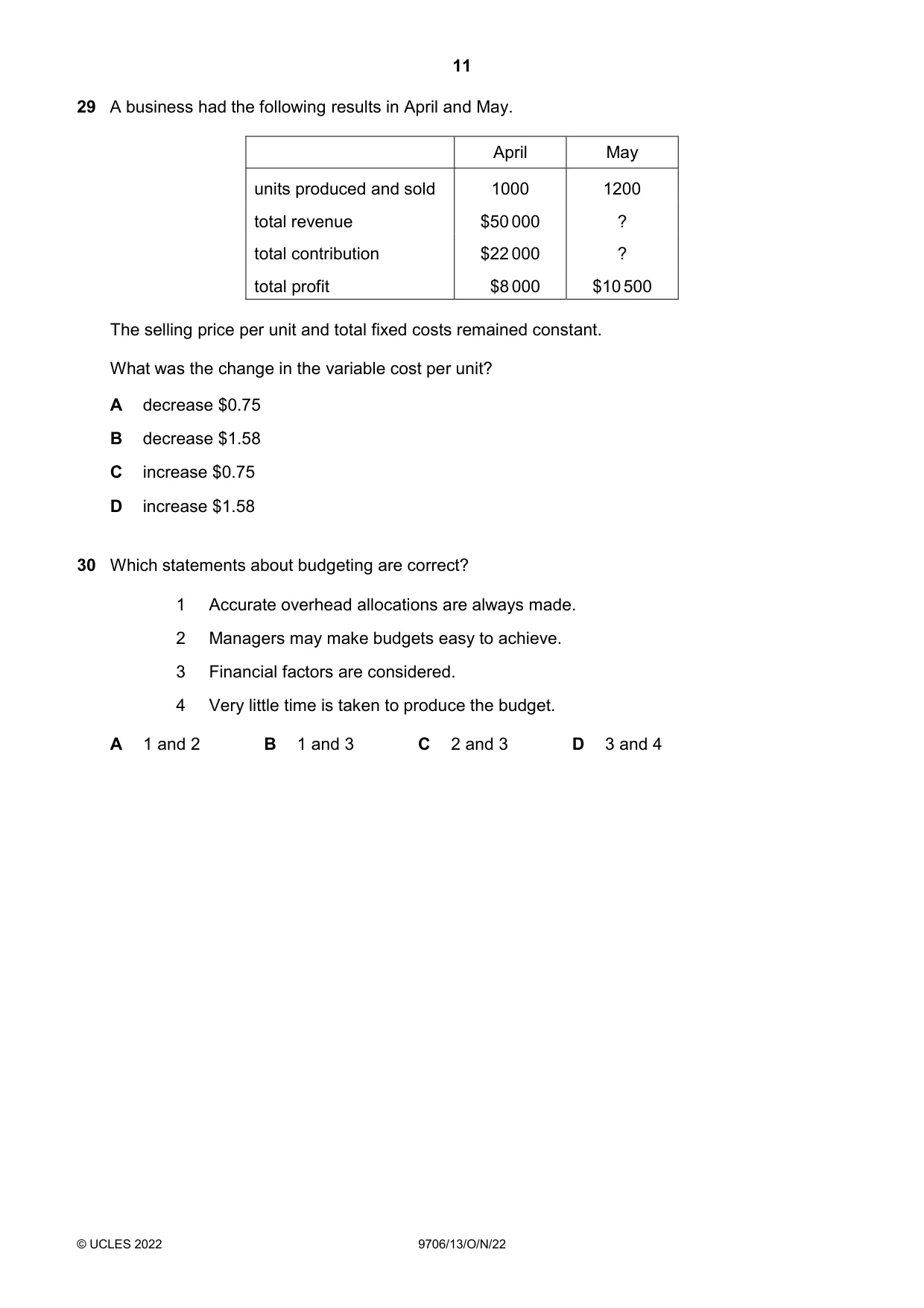 Cambridge A Level Accounting 9706 2022 Oct/Nov Paper 1 · Variant 3 question paper, page 11 of 12