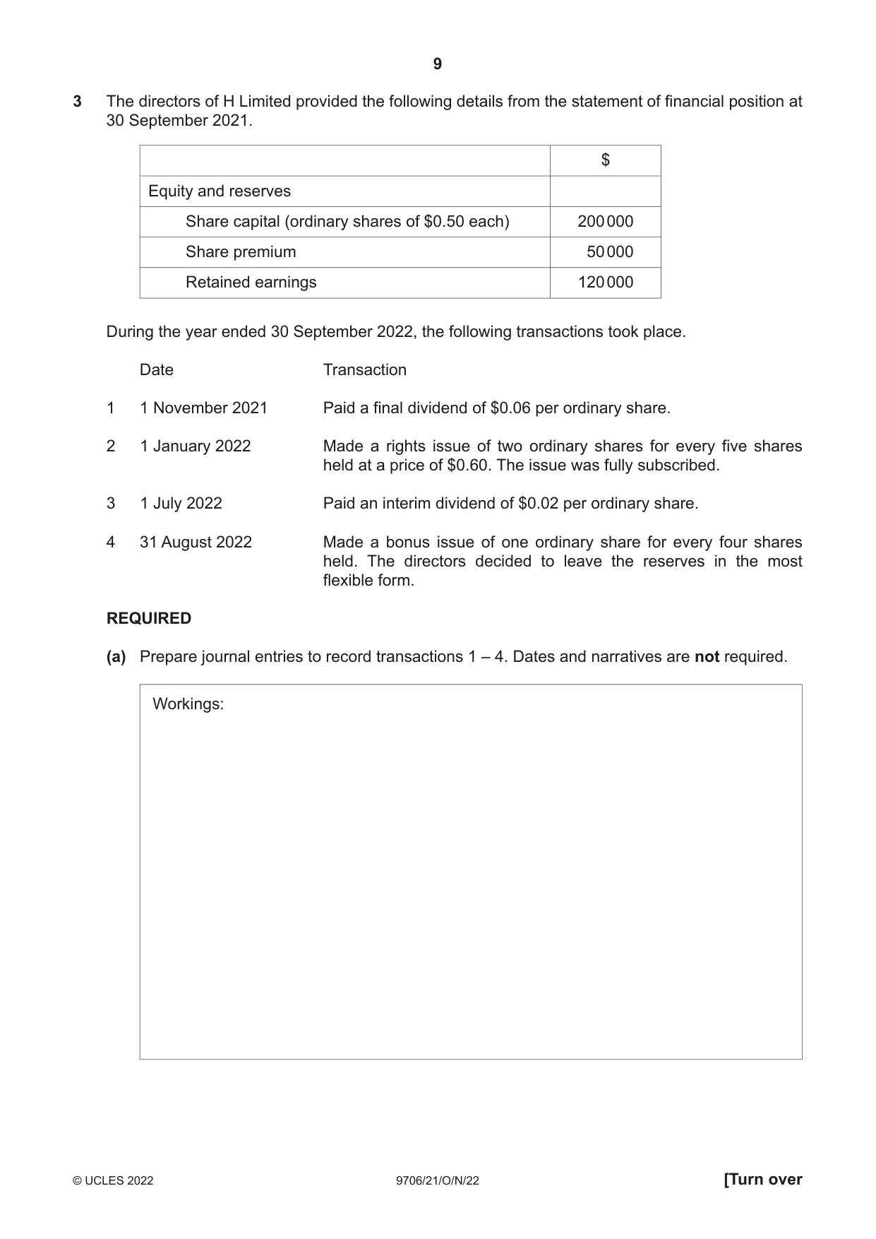 Cambridge A Level Accounting 9706 2022 Oct/Nov Paper 2 · Variant 1 question paper, page 9 of 20