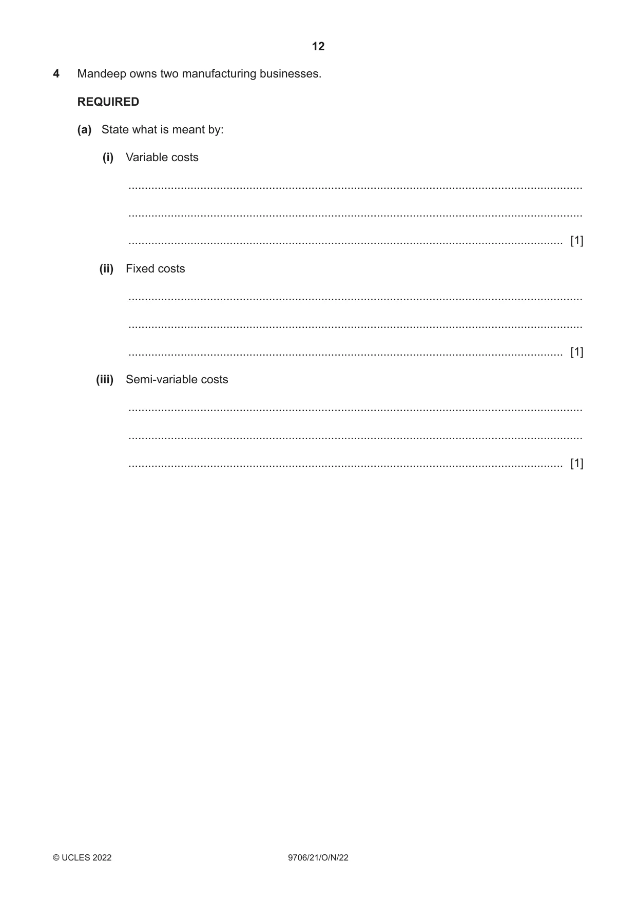 Cambridge A Level Accounting 9706 2022 Oct/Nov Paper 2 · Variant 1 question paper, page 12 of 20