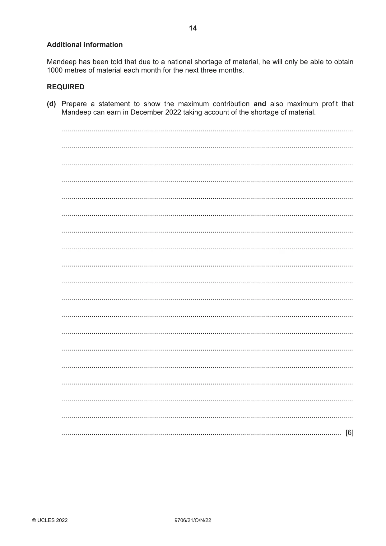 Cambridge A Level Accounting 9706 2022 Oct/Nov Paper 2 · Variant 1 question paper, page 14 of 20