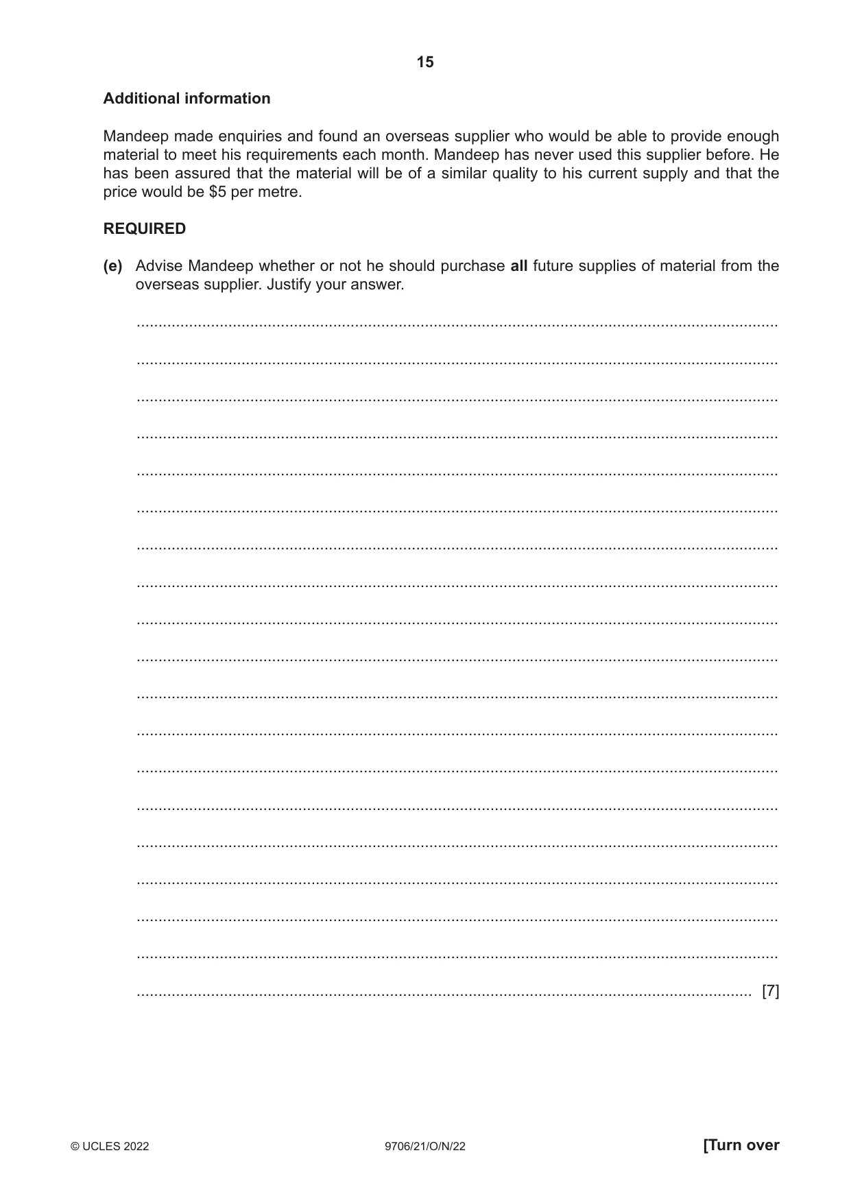 Cambridge A Level Accounting 9706 2022 Oct/Nov Paper 2 · Variant 1 question paper, page 15 of 20