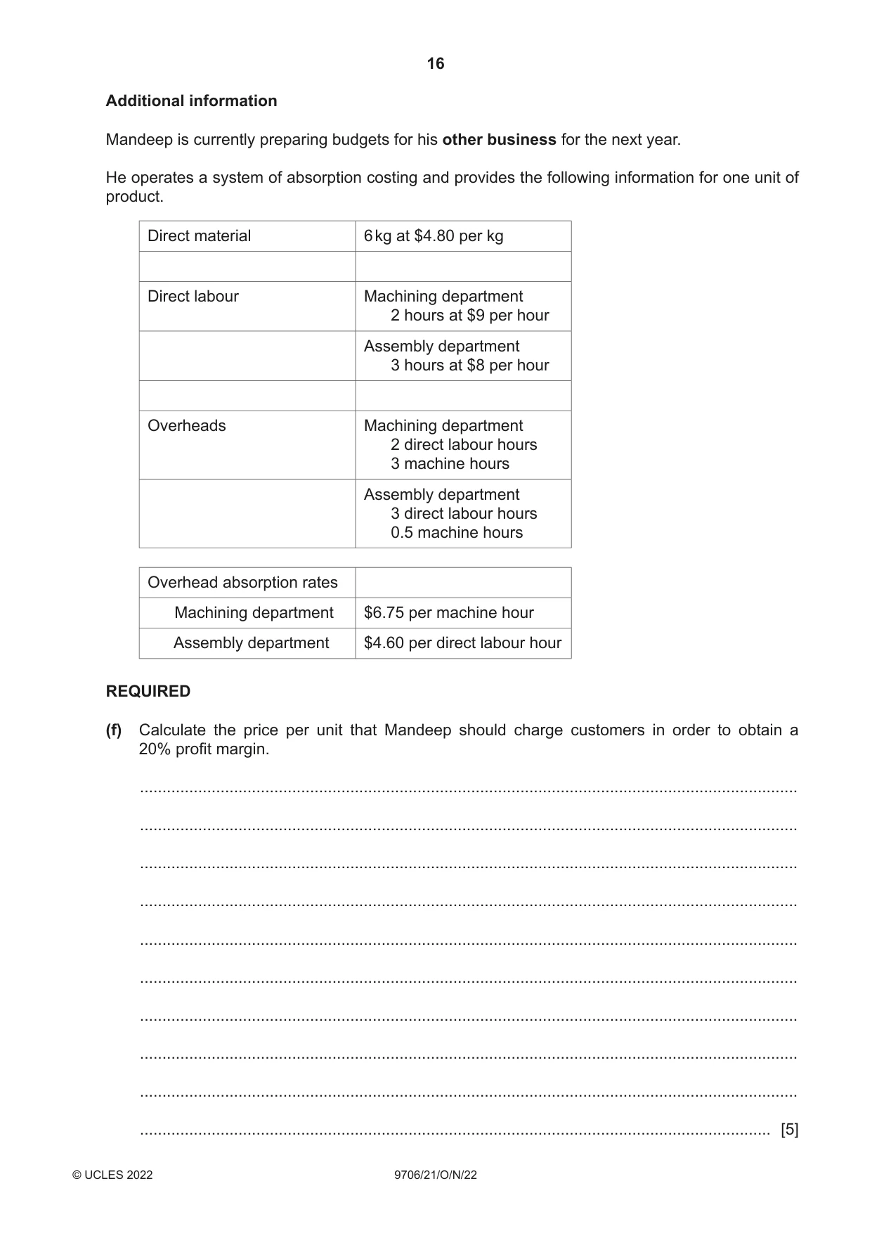 Cambridge A Level Accounting 9706 2022 Oct/Nov Paper 2 · Variant 1 question paper, page 16 of 20