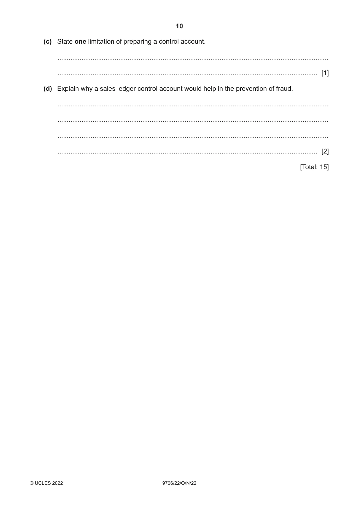 Cambridge A Level Accounting 9706 2022 Oct/Nov Paper 2 · Variant 2 question paper, page 10 of 20