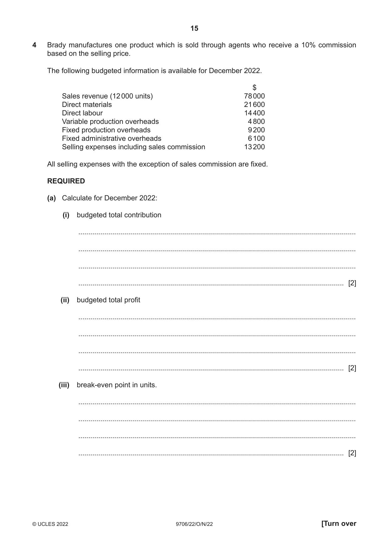 Cambridge A Level Accounting 9706 2022 Oct/Nov Paper 2 · Variant 2 question paper, page 15 of 20