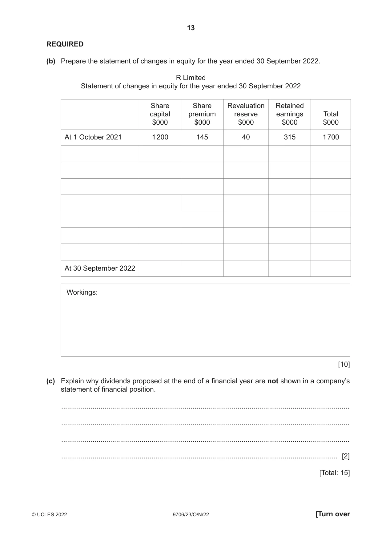 Cambridge A Level Accounting 9706 2022 Oct/Nov Paper 2 · Variant 3 question paper, page 13 of 20