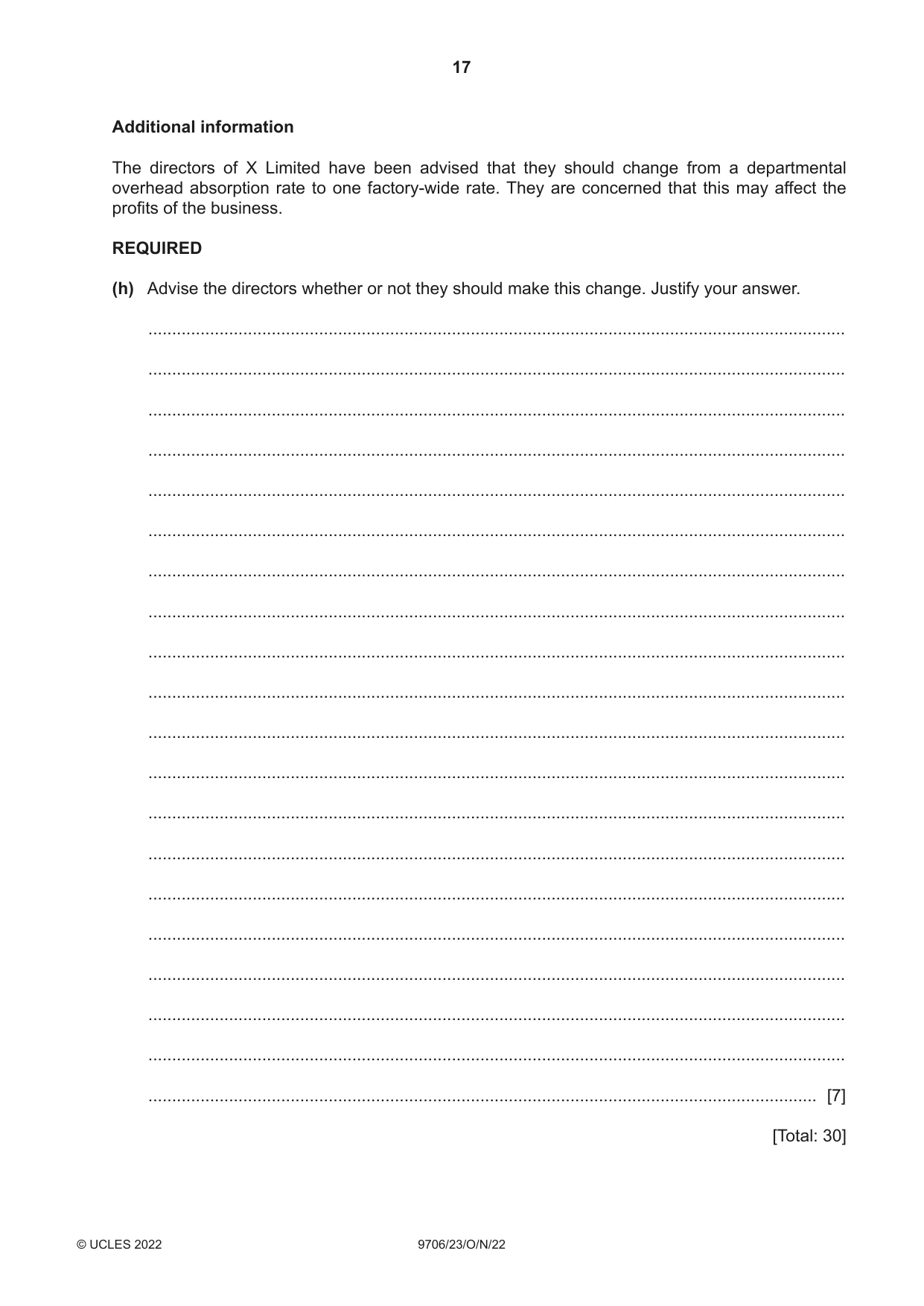 Cambridge A Level Accounting 9706 2022 Oct/Nov Paper 2 · Variant 3 question paper, page 17 of 20