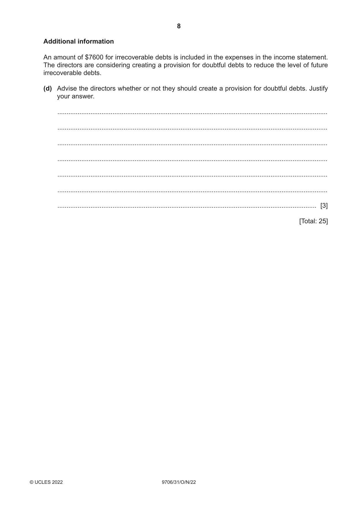 Cambridge A Level Accounting 9706 2022 Oct/Nov Paper 3 · Variant 1 question paper, page 8 of 24