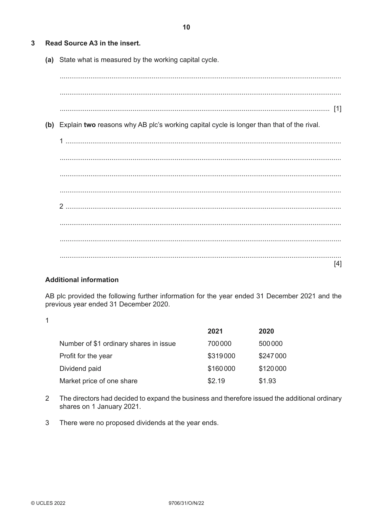 Cambridge A Level Accounting 9706 2022 Oct/Nov Paper 3 · Variant 1 question paper, page 10 of 24