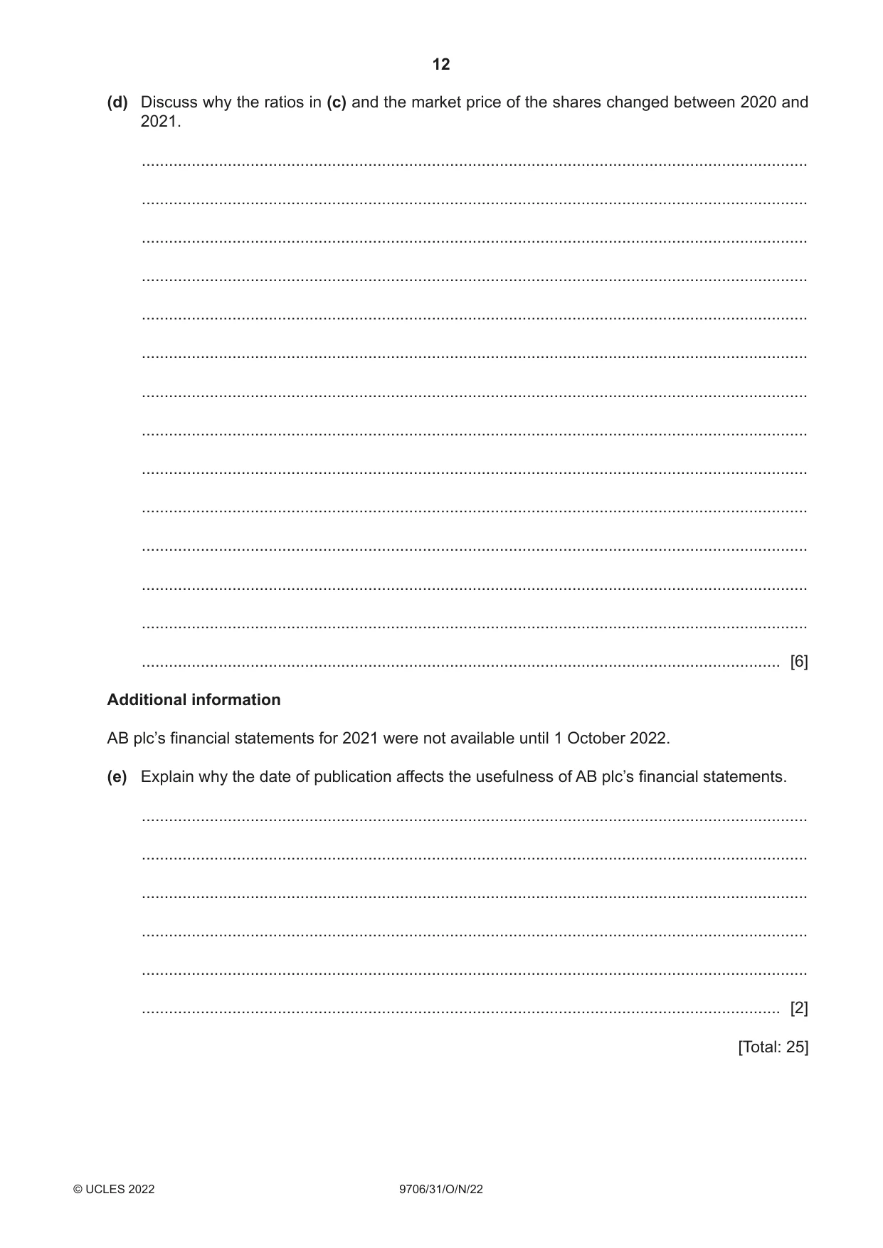 Cambridge A Level Accounting 9706 2022 Oct/Nov Paper 3 · Variant 1 question paper, page 12 of 24