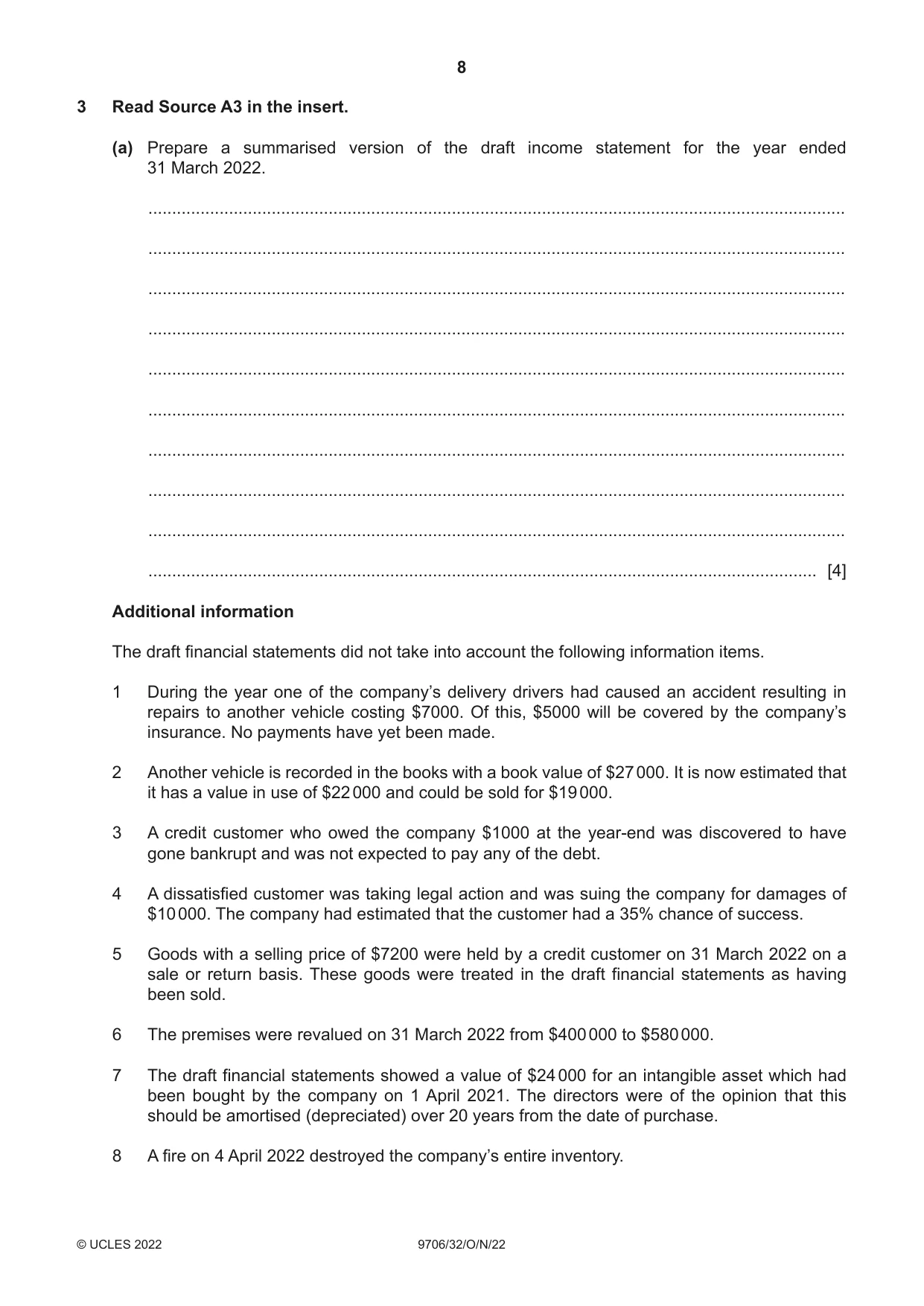 Cambridge A Level Accounting 9706 2022 Oct/Nov Paper 3 · Variant 2 question paper, page 8 of 20