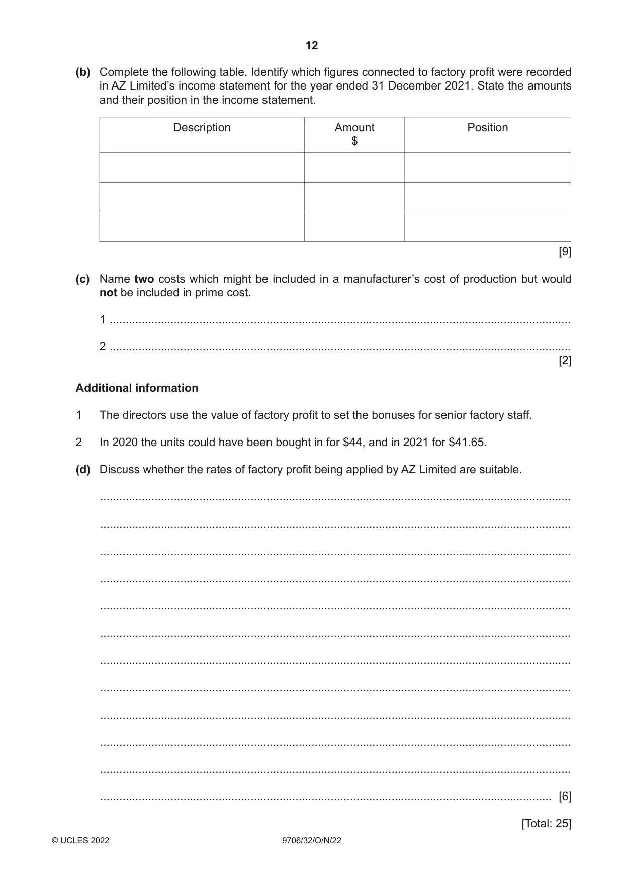 Cambridge A Level Accounting 9706 2022 Oct/Nov Paper 3 · Variant 2 question paper, page 12 of 20