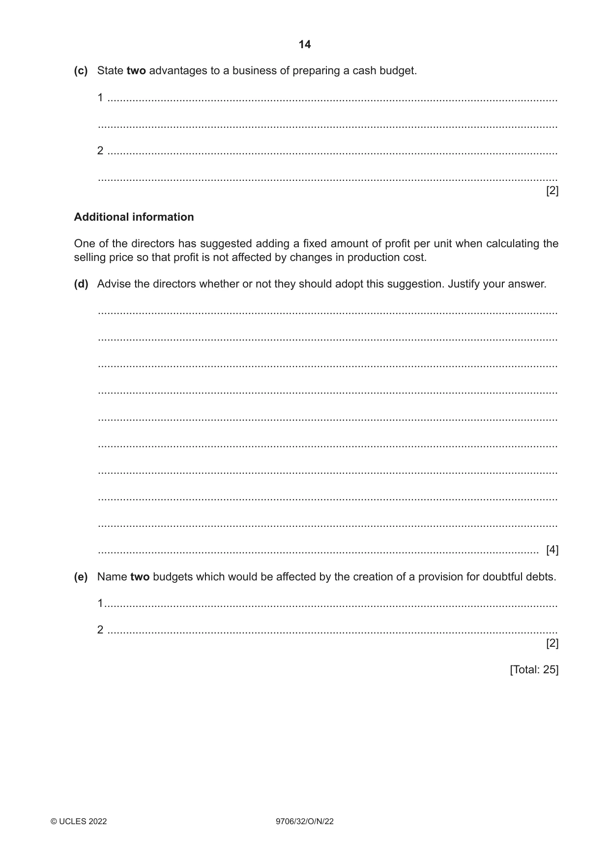 Cambridge A Level Accounting 9706 2022 Oct/Nov Paper 3 · Variant 2 question paper, page 14 of 20