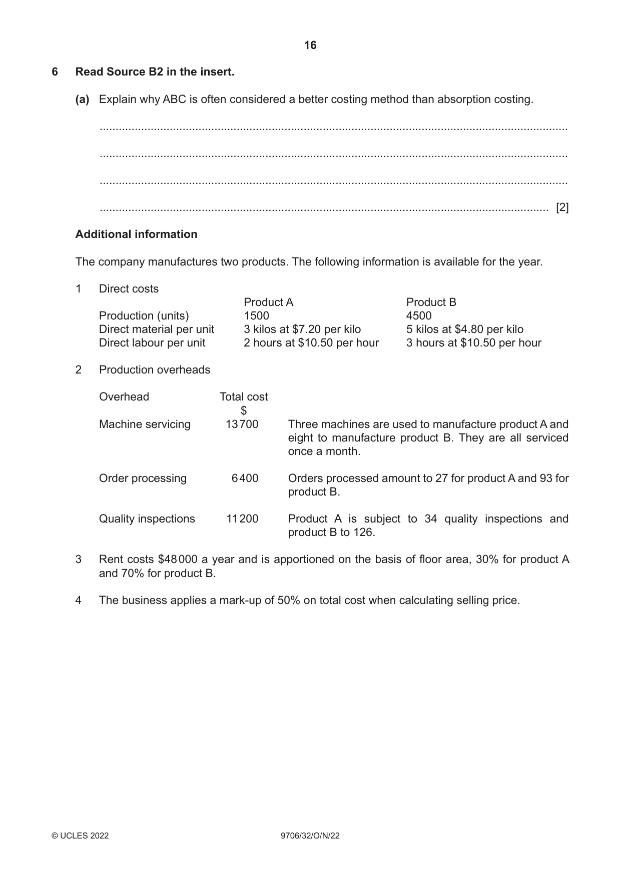Cambridge A Level Accounting 9706 2022 Oct/Nov Paper 3 · Variant 2 question paper, page 16 of 20
