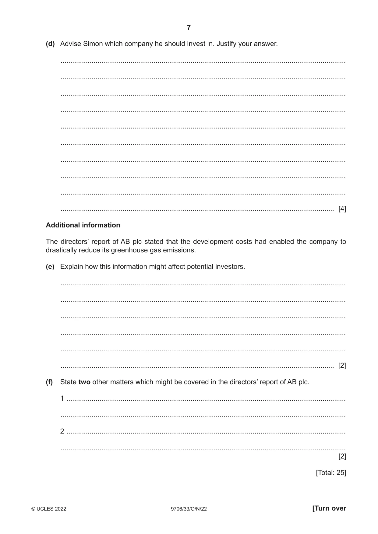 Cambridge A Level Accounting 9706 2022 Oct/Nov Paper 3 · Variant 3 question paper, page 7 of 20