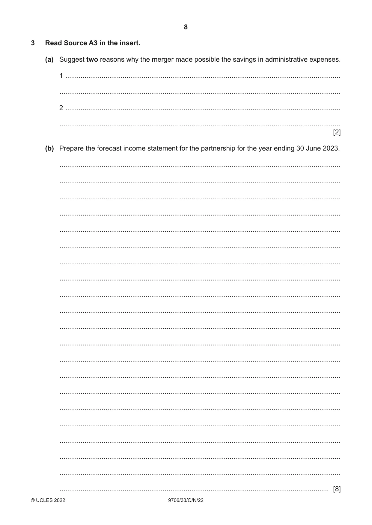 Cambridge A Level Accounting 9706 2022 Oct/Nov Paper 3 · Variant 3 question paper, page 8 of 20
